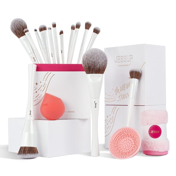 Jessup Ensemble de Pinceaux de Maquillage 14 Pcs Ensemble Cadeau de Pinceaux de Maquillage pour Femmes Inclut Fond de Teint Correcteur Blush Contour Poudre Fard à Paupières, Éponge de Maquillage, Nettoyant pour Pinceaux de Maquillage et Serviette