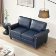 thumbnail image 3 of Faux Leather 2-Seater Sofa Chair, Modern PU Accent Chair with Solid Wood Legs and Silver Nail Head Trim, Club Armchair for Bedroom, Home Reception, Living Room, Office, Apartment, Navy Blue, 3 of 9