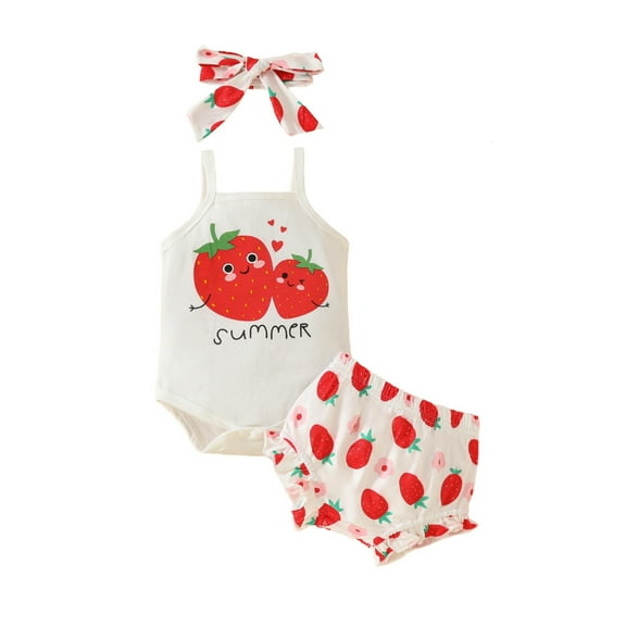Odeerbi Infant Boys Girls Layette Set Summer Romper Jumpsuit Outfits Cotton Baby Clothes Child's Cute Strawberry Print Sling Sleeveless Round Neck Onesie Cute Shorts White