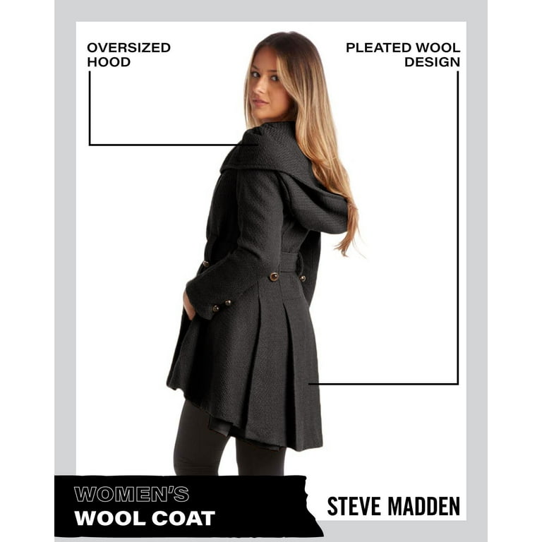 Steve Madden Women s Coat Single Breasted Wool Peacoat with Oversized Hood Tie Belt S XL