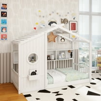 Twin Size Floor House Bed for Toddler, Kids Montessori Bed with Storage Shelf, Playhouse Bed with Roof Design, White