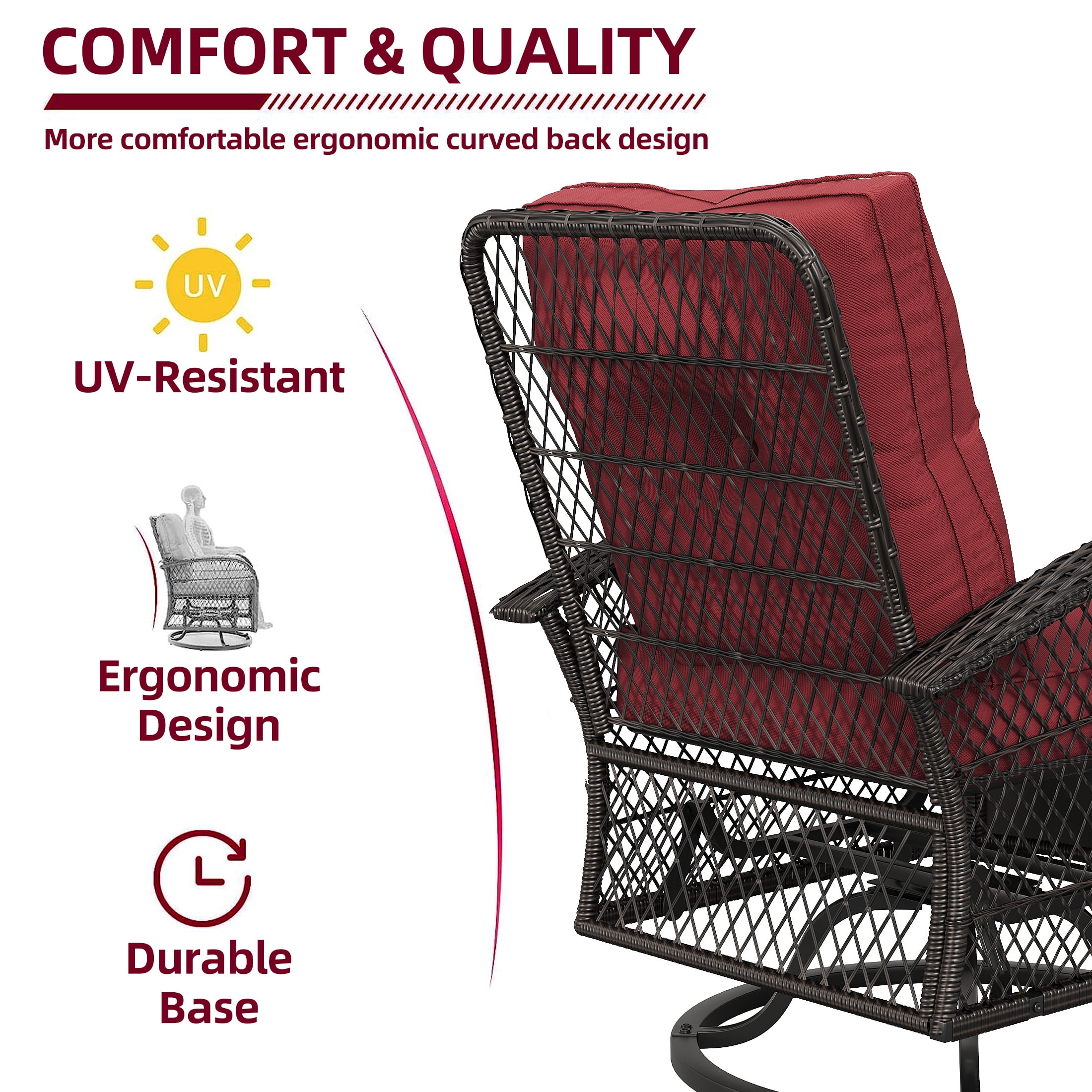 Techmilly 3 Pieces Patio Furniture Set, Outdoor Swivel Gliders Rocker, Glass Top Side Table  (Red)