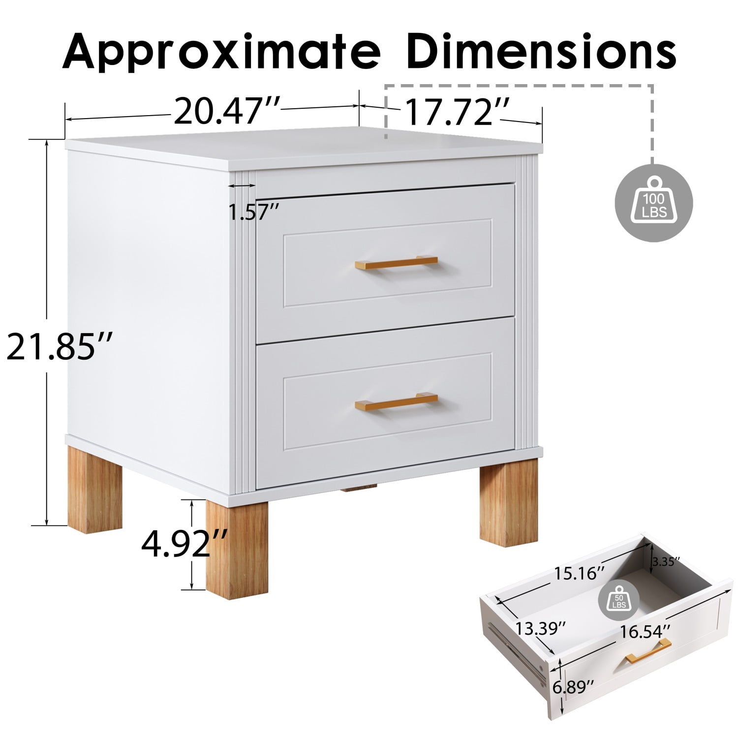 2 Drawer Nightstand with Solid Wood Legs, Fluted Bedside Table with Metal Handles, Tall Wood End Table Storage Cabinet for Bedroom, Living Room, White