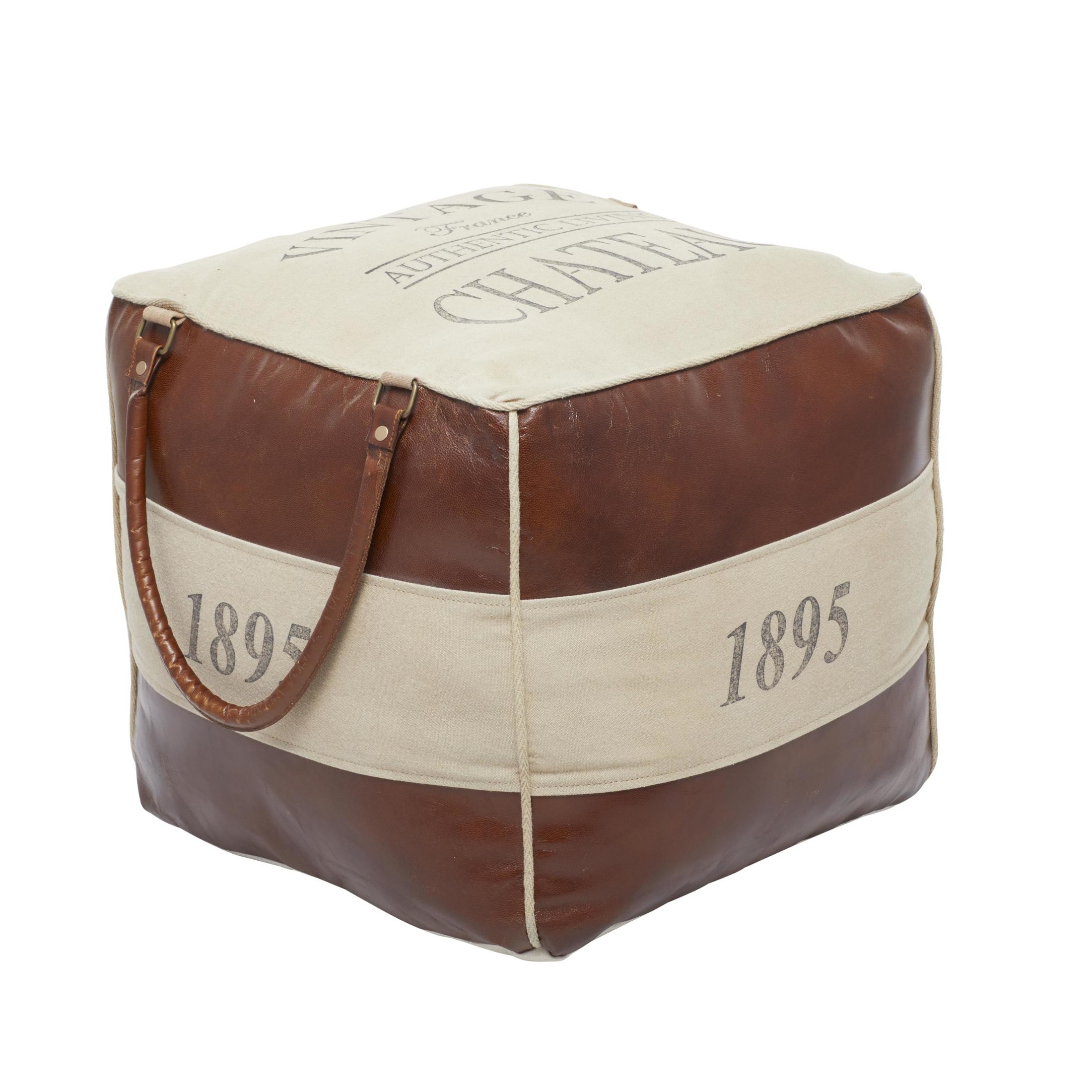 DecMode Stripes Brown Canvas Text Pouf with Leather Accents