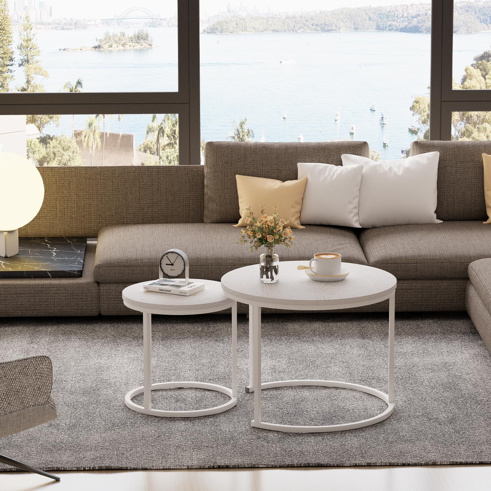 Nesting Coffee Table Round Side Table Set of 2 End Tables for Living Room Bedroom Balcony,White Wooden Stacking Accent Coffee Tables with Metal Frame