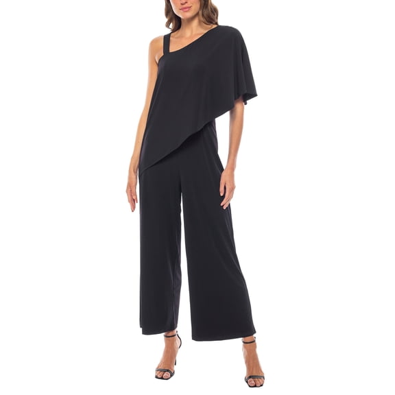 Marina One Shoulder Asymmetrical Neck Short Flutter Sleeve Wide Leg Jumpsuit Color: BLACK, Size: XL
