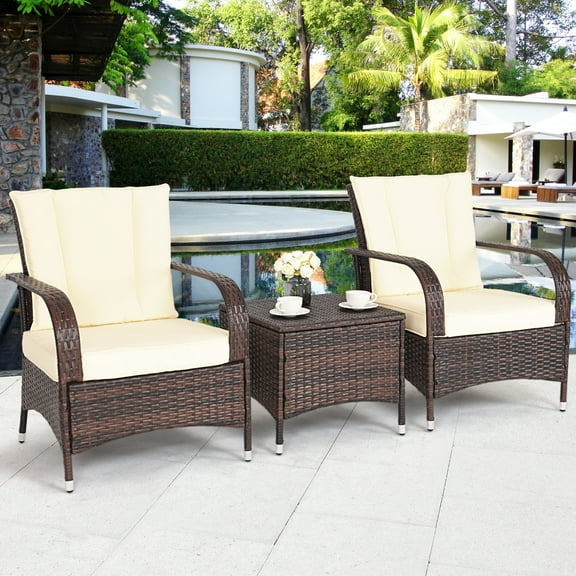 Patiojoy 3-Piece Patio Wicker Conversation Set Bistro Rattan Sofa Chair with Washable Cushion Mix Gray & Navy