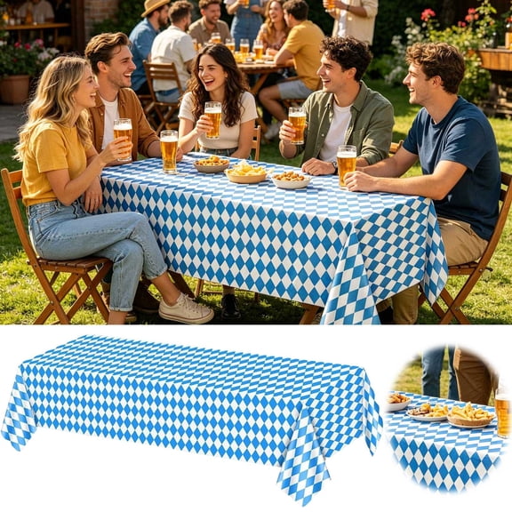 Oktoberfest Party Tablecloth Bavarian Check Table Cover Classic Rhombus Pattern Table Cloth For Beer Festival Themed Party Home(Blue-274X137Cm)