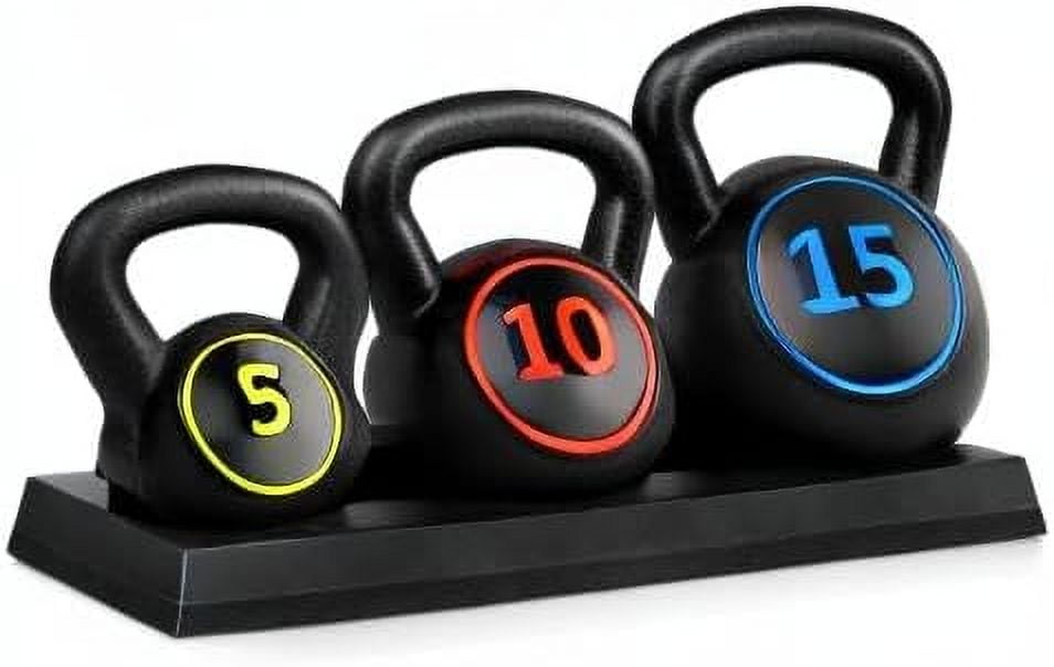 ZJTER 3-Piece Kettlebell Set with Storage Rack, HDPE Coated Exercise Fitness Concrete Weights for Home Gym, Strength Training, HIIT Workout 5lb, 10lb, 15lb