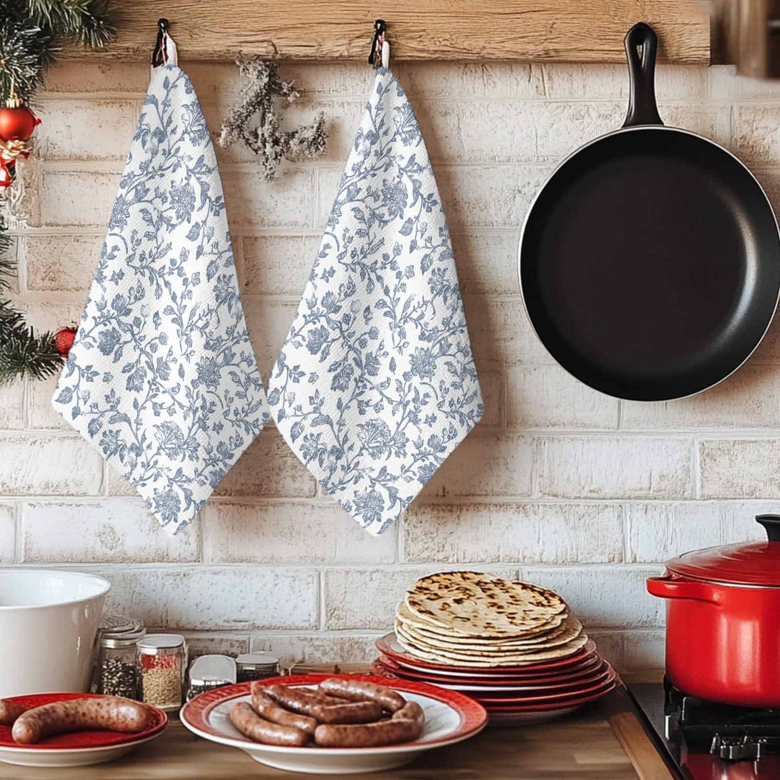 Blue Flower Kitchen Towels Set of 2, Vintage Farmhouse Boho Leaf Spring Summer Soft Microfiber Dish Towels, Absorbent Quick-Dry Washable Dishcloths for Kitchen Cleaning, Drying Dishes, 18x28 Inches