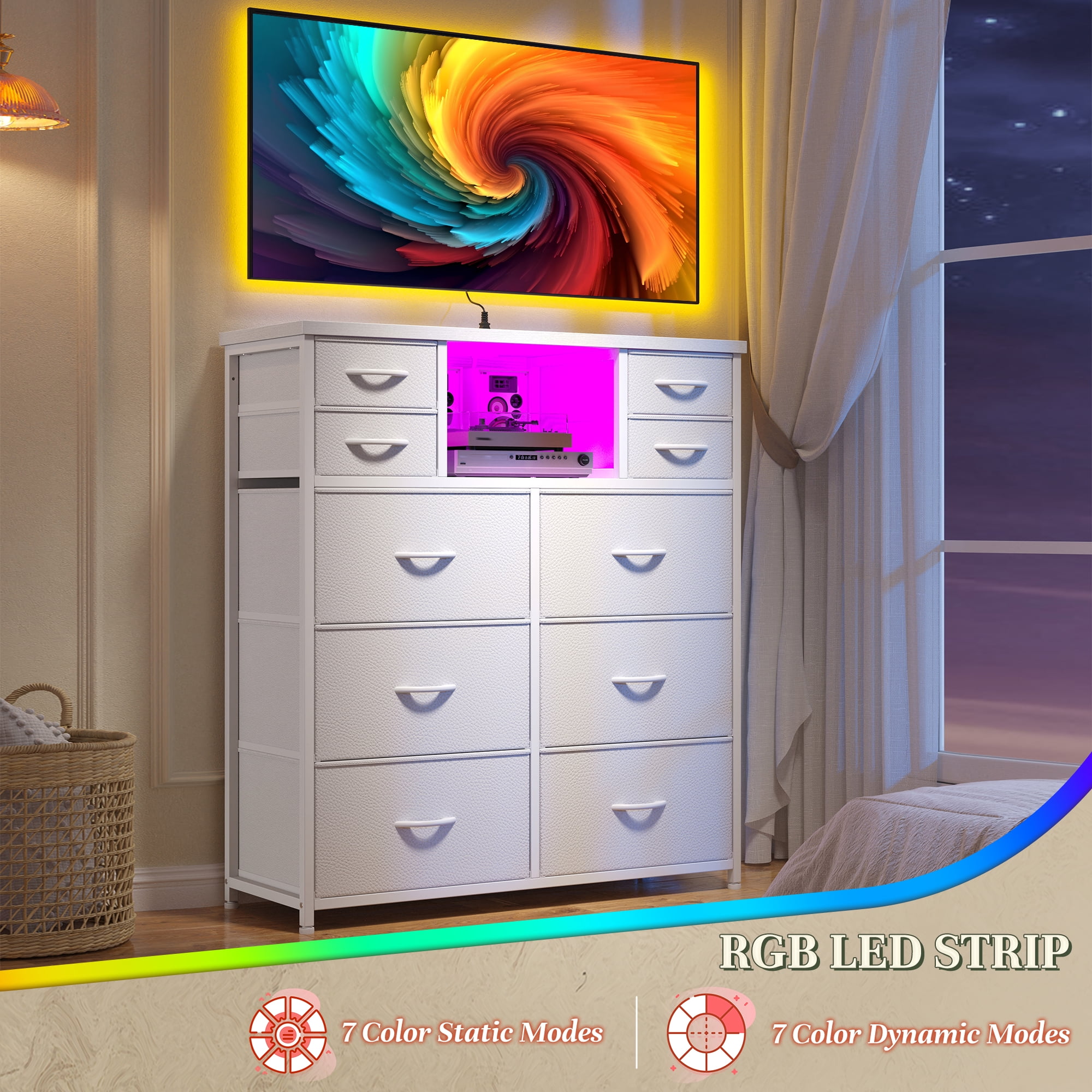 Enhomee White Dresser for Bedroom with LED Lights & Charging Station Tall Chest of 10 Fabric Drawers with Storage Shelves