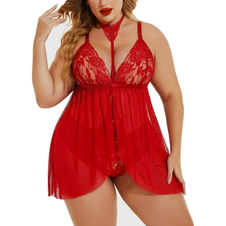 SUCS Plus Size Lingerie for Women Sexy Lace Babydoll Mesh Choker Sleepwear L-5XL