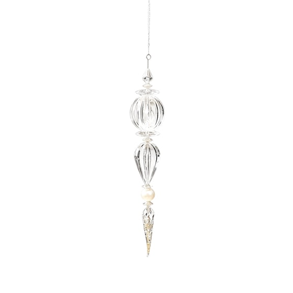 Clear Glass Christmas Tree Ornament with Pearl Bead and Silver Finial, 1 Pack, Silver and White, for Holiday Tree Hanging Decoration
