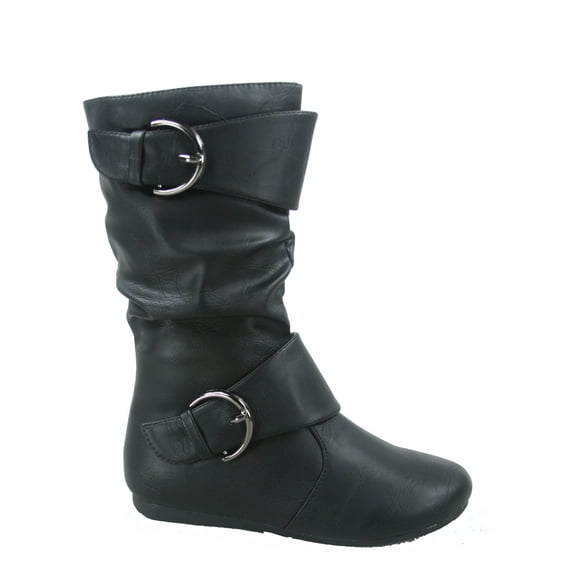 Klein-80k Girls Kid's Causal Round Toe Flat Heel Buckles Zipper Slouchy Mid Calf Boots Shoes ( Black. 13 )