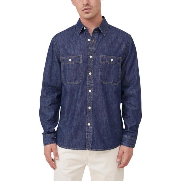 Cotton On Mens Brooklyn Long Sleeve Button Up Shirt, navy, 2XL Neck