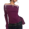 thumbnail image 2 of Womens Y2K Long Sleeve Shirt Off Shoulder Ribbed Knit Crop Top Contrast Color Slim Fitted Casual Tee Top, 2 of 10