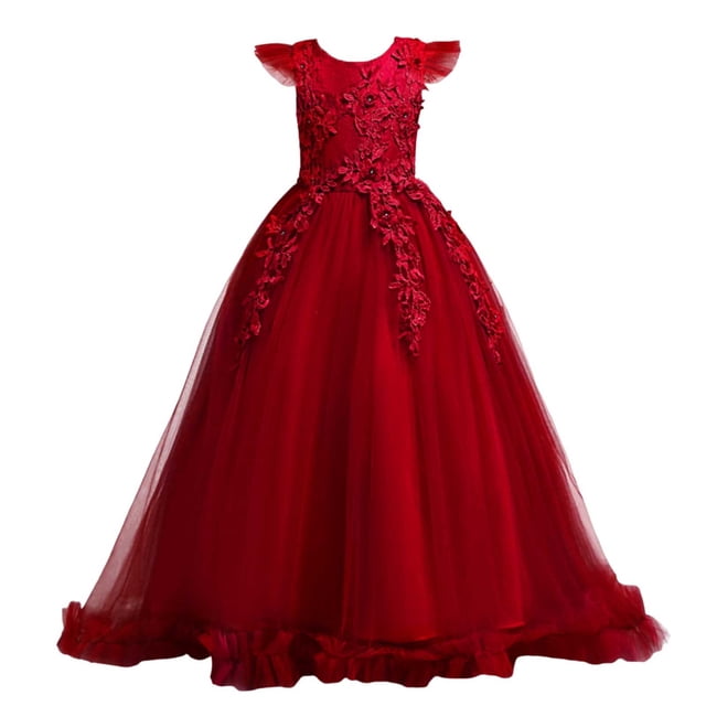 Miluxas Robe de Princesse pour Filles Robe Formelle pour Enfants Robe de Bal Concours Mariage Fête Robes pour Filles Rouge 14-15 Ans