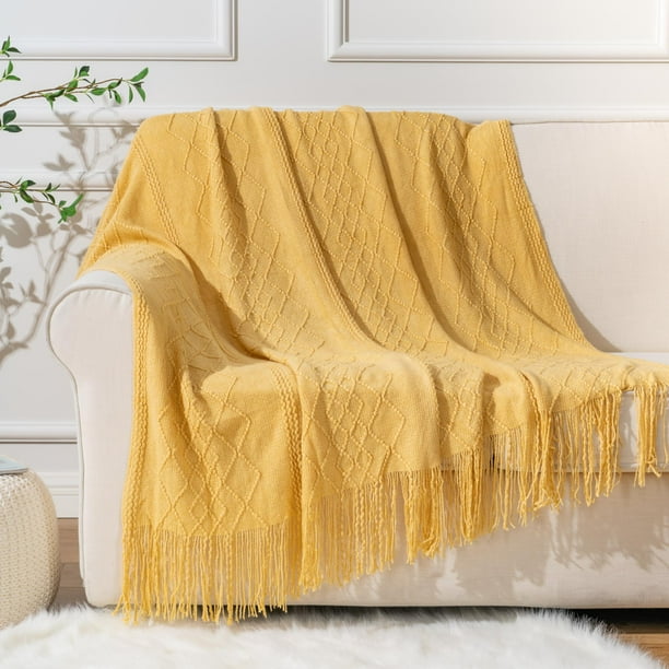 Battilo Mustard Yellow Throw Blanket for Couch Bed Chair, knit Throw