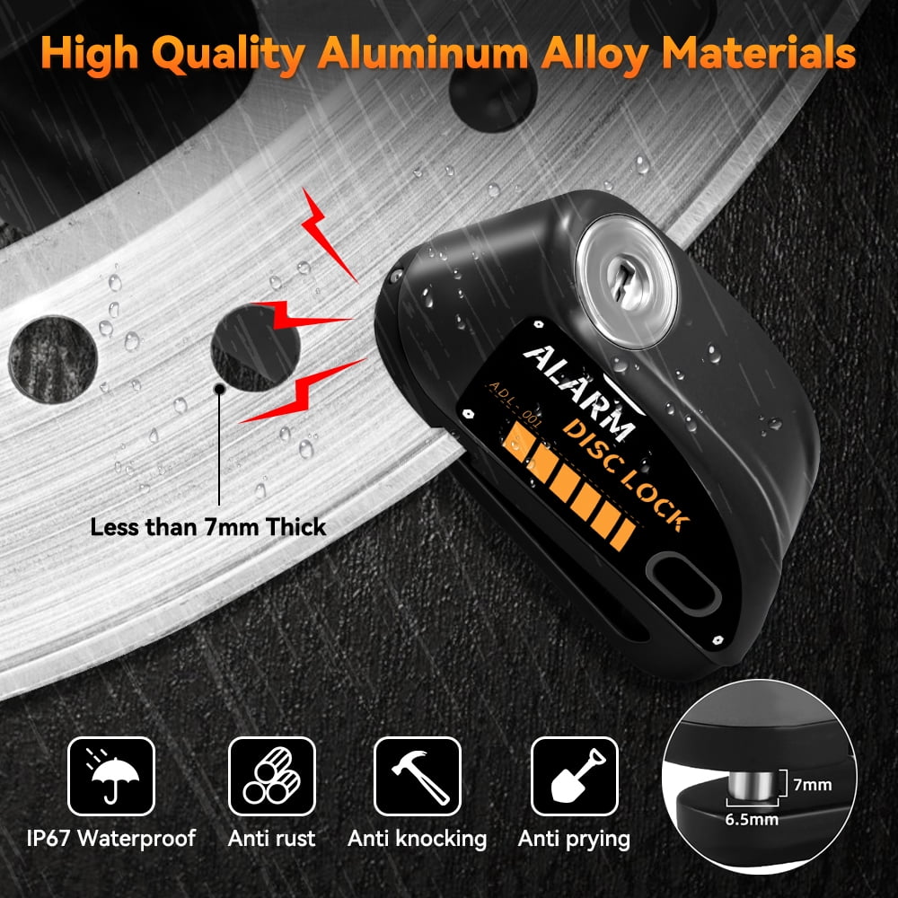Gadpow Disc Brake Lock Rechargeable Motorcycle Alarm 120db 7mm Pin with 6ft Reminder Cable for Motorbikes Bicycles