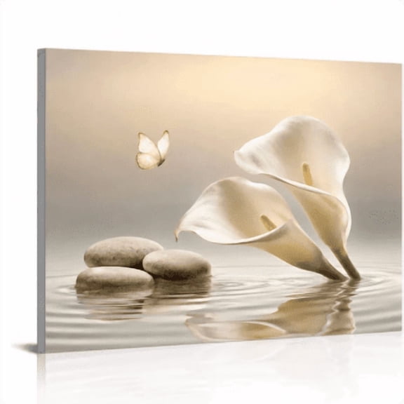 SYVVY Ivory Calla Lilies with Butterfly, Zen Stones and Water Reflection for Spa-Inspired Home Decor 16 in x 20 in Framed Painting Canvas Art Prints
