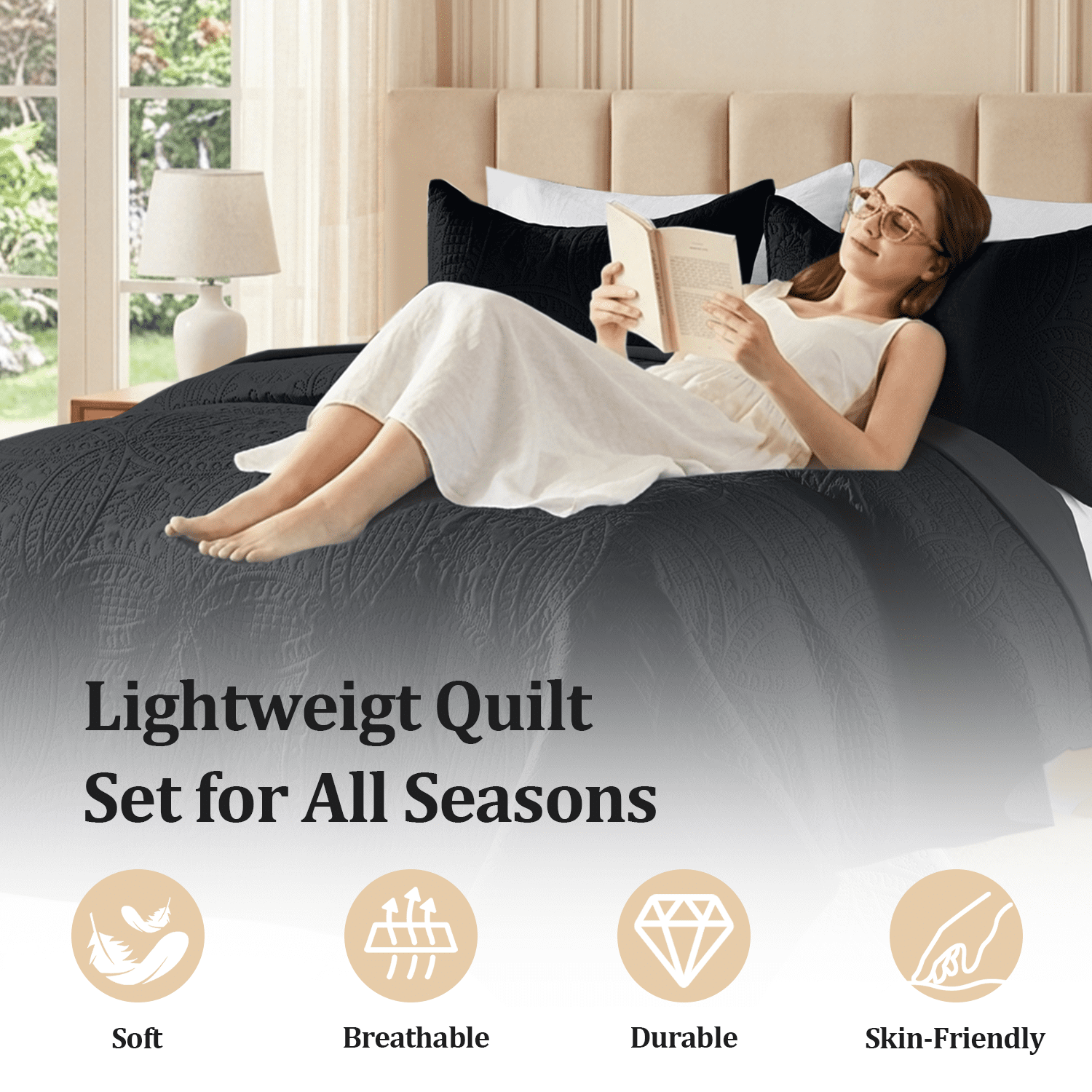 Flymme Quilt for King Beds Black,3 Piece Soft Lightweight Bedspread with Pillow Sham, Modern Blanket Thin Comforter Bed Cover for All Season