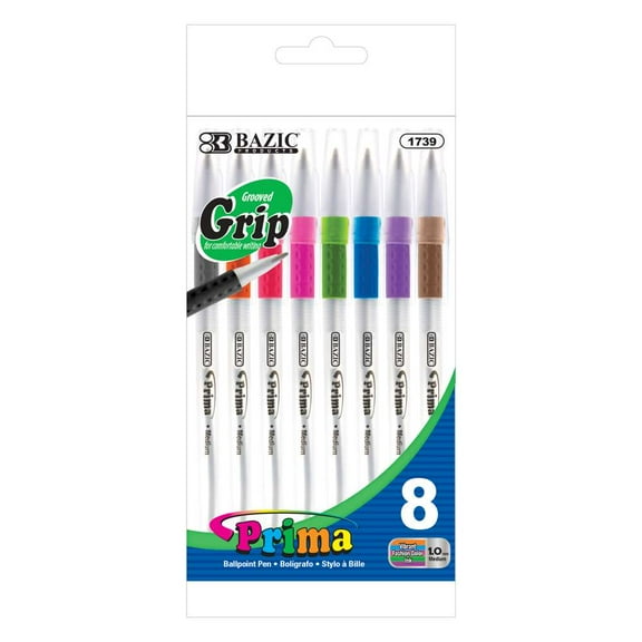 BAZIC Ballpoint Prima 8 Color Stick Pens, Soft Grip 1.0mm (8/Pack), 1-Pack