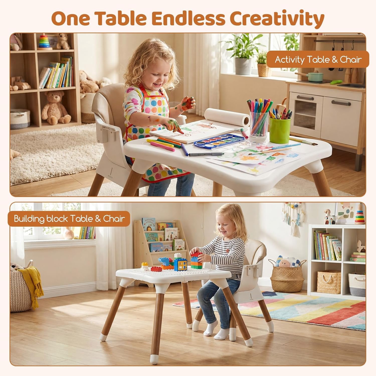 INFANS Baby High Chair, 9 in 1 Convertible Highchair for Babies and Toddlers, Building Block Table Dining Booster Seat Activity Desk Kids Stool with Adjustable Removable Tray