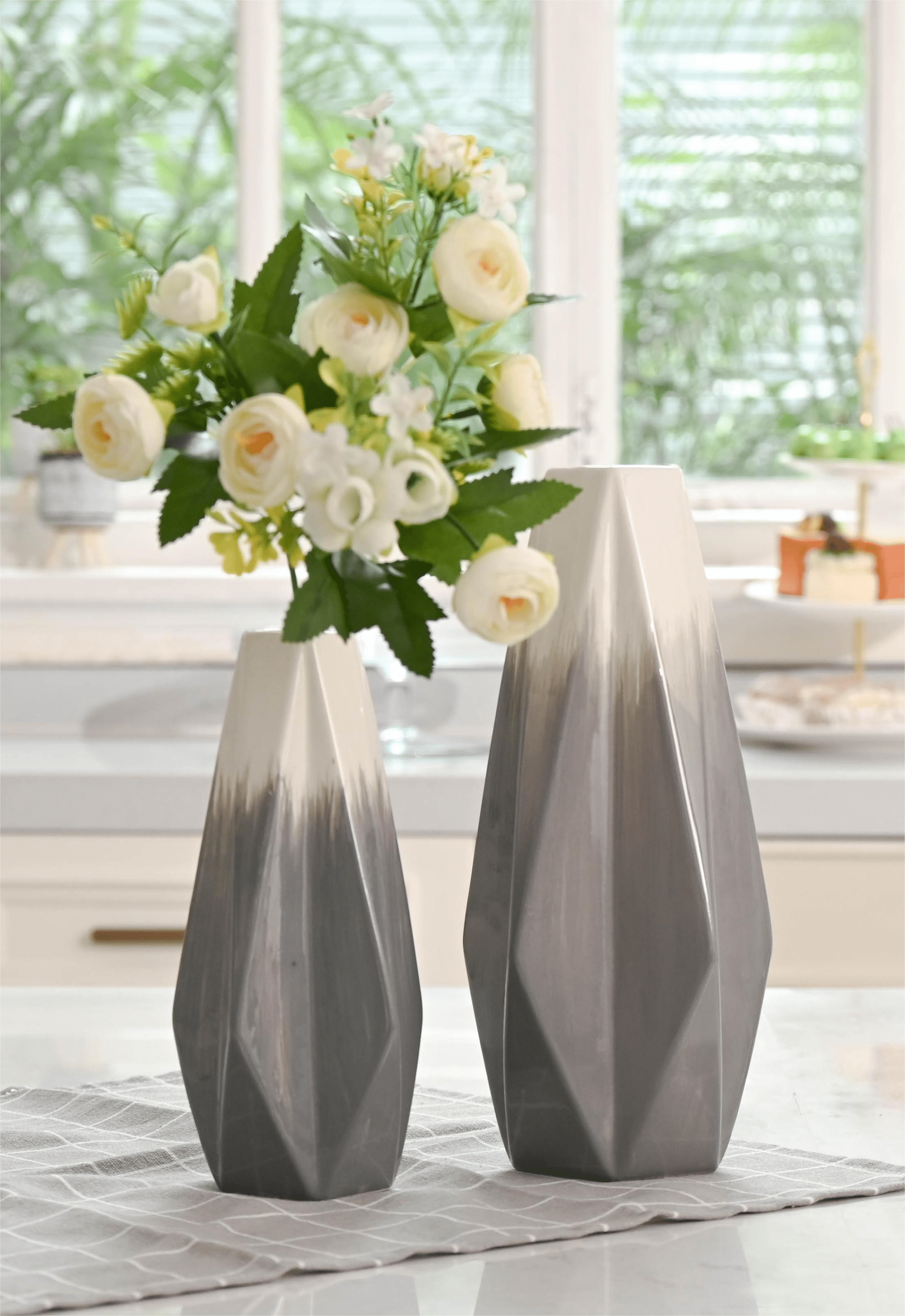 TERESA'S COLLECTIONS 11''H, 8.5''H Ceramic Vases for Home Decor, Gray Vases for Living Room, Modern Geometric Decorative Vases for Pampas Grass, Mantel, Table Decorations, Set of 2