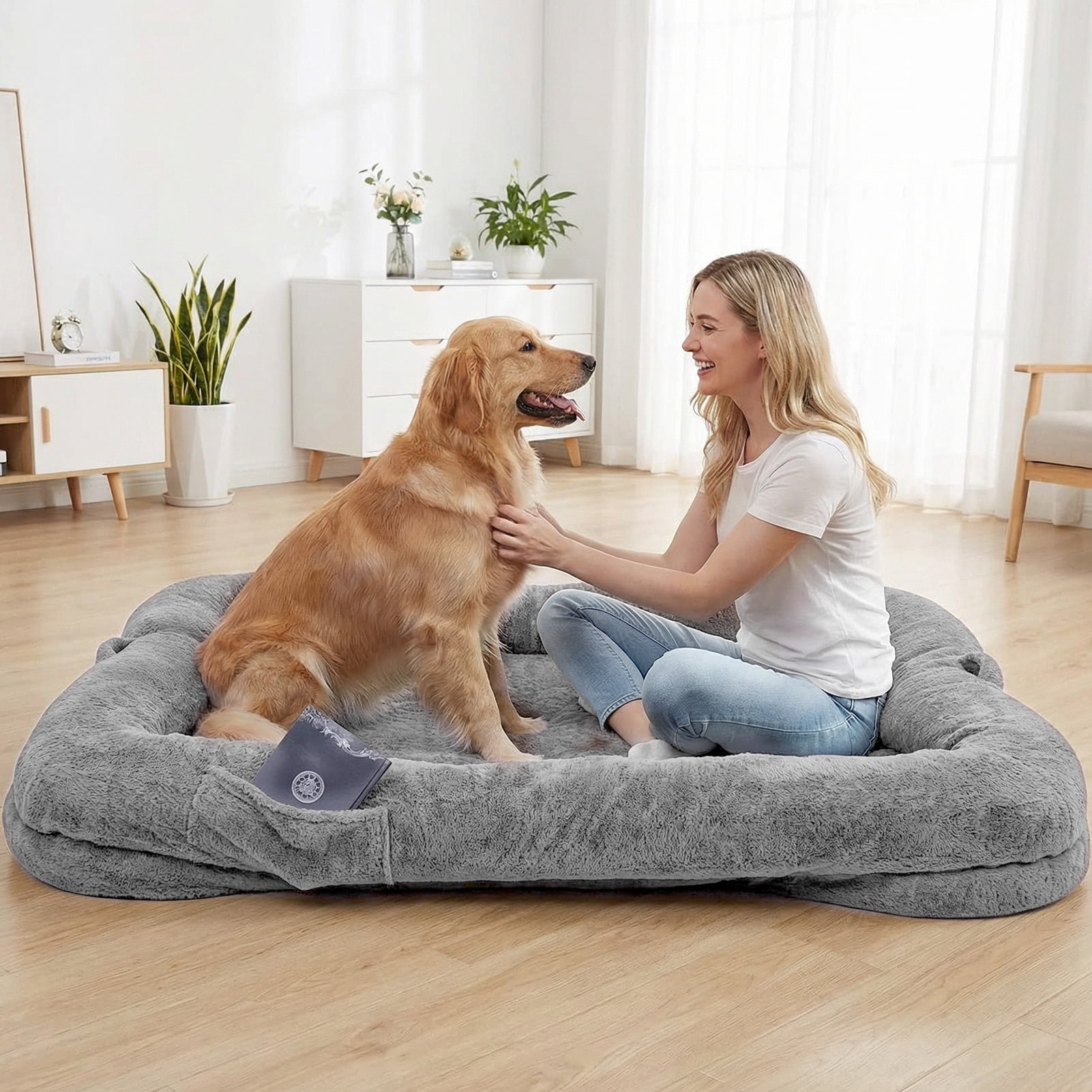 Large Washable Dog Bed Plush Faux Fur Pet Bed with Storage Pocket Non Slip Bottom for Home Decor Comfort