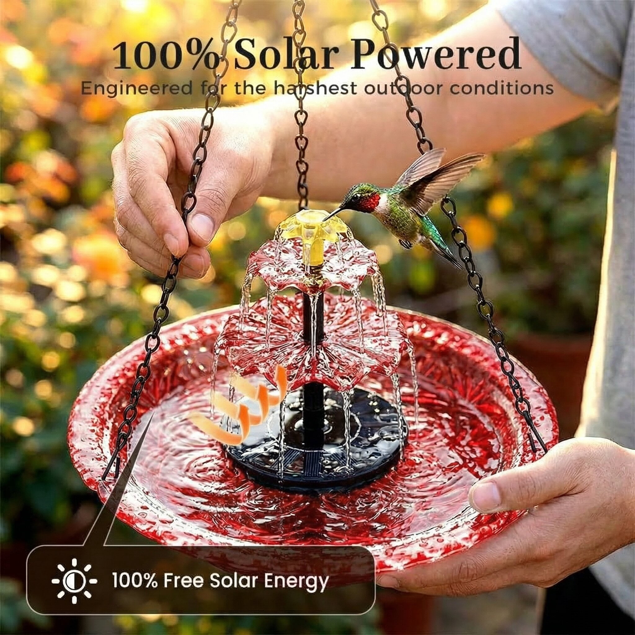 ValueAgain Solar Cascade Hanging Bird Bath Fountain, Outdoor Hanging Bird Bath with Solar Fountain, Large Humming Bird Baths are Suitable, with Solars Pump & Bowl,for Outdoor, Gardens, Red