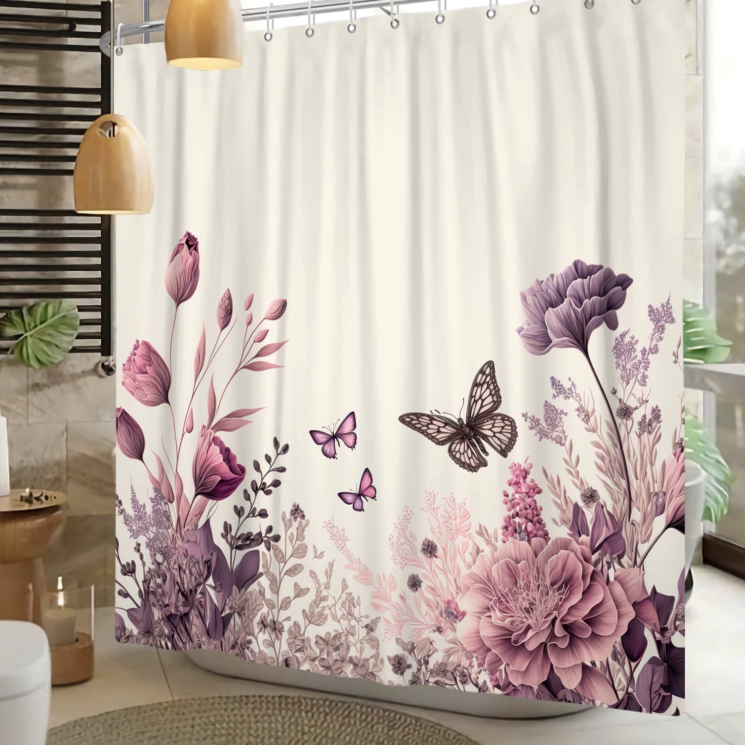 Mizhona Vintage Floral Shower Curtain with Butterfly for Bathroom Waterproof Polyester Pretty Elegant Washable 72"x78"