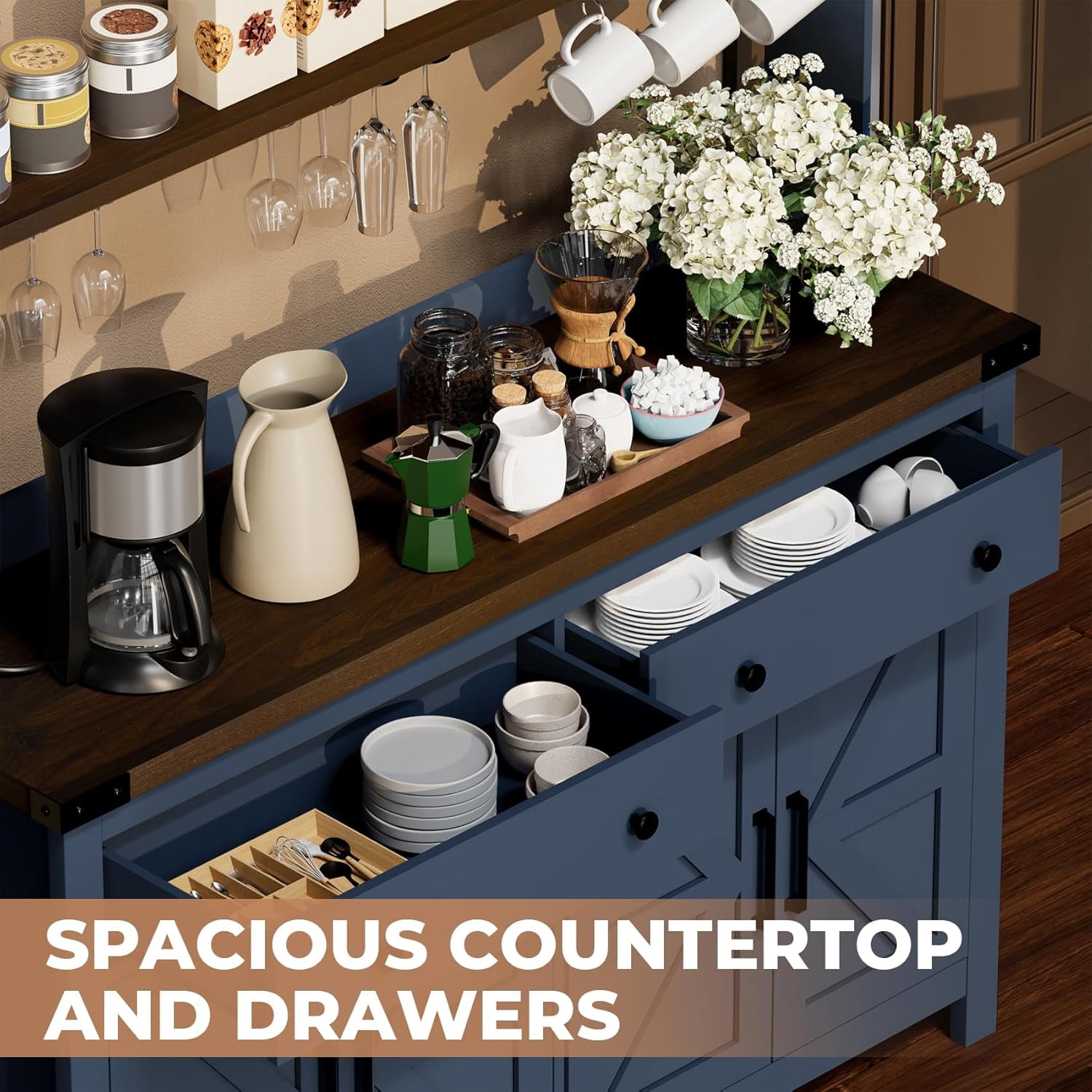 HAUXITIO Storage Cabinet Buffet with Drawers and Charging Station,Coffee Bar Cabinet,Sideboard with Barn Doors,Wine Rack and Hooks,Blue