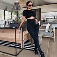 thumbnail image 5 of Women's Turtleneck Long & Short Sleeve Hollow-Out Jumpsuits, Pleated, High Waist, Solid Color, 5 of 17