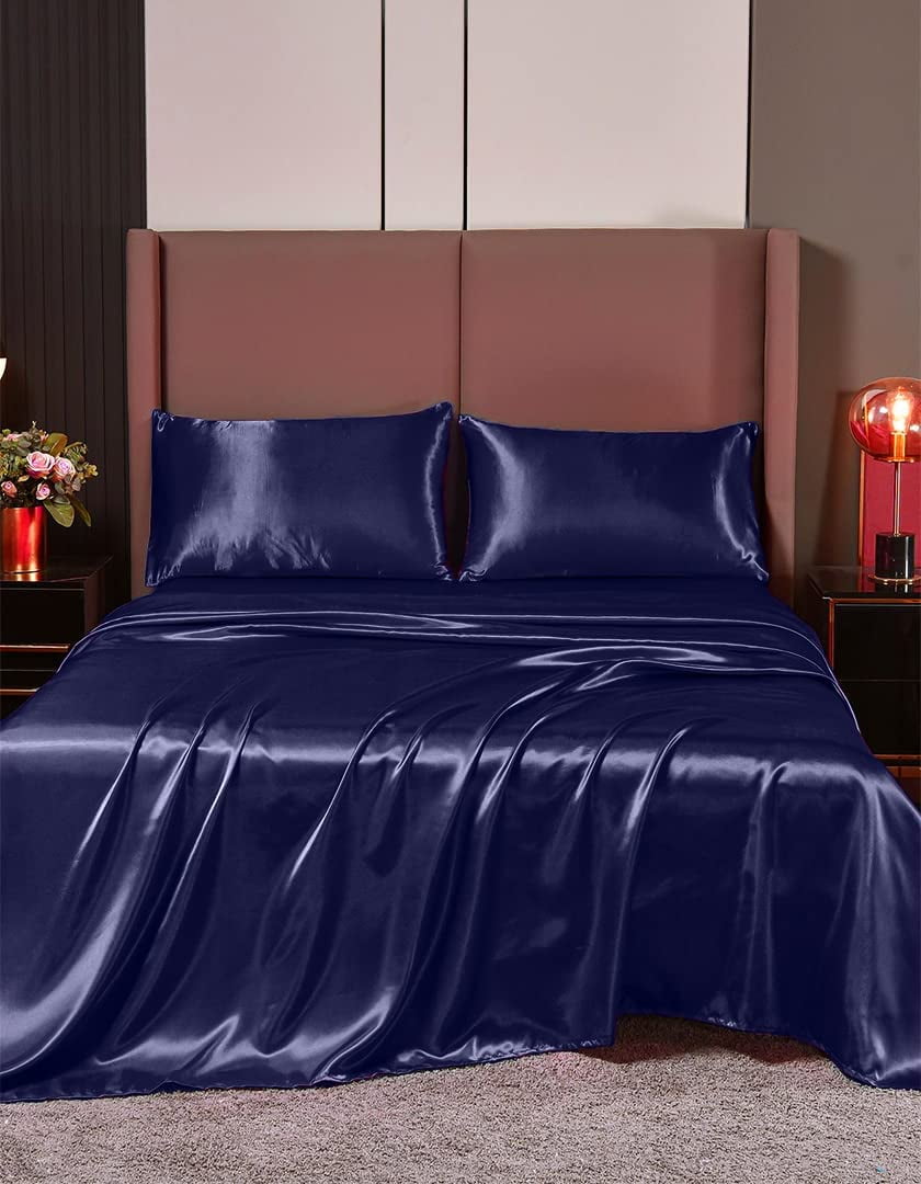 Cloud Fino Luxurious Satin bed sheets Navy Blue Silk Sheets King Deep ...