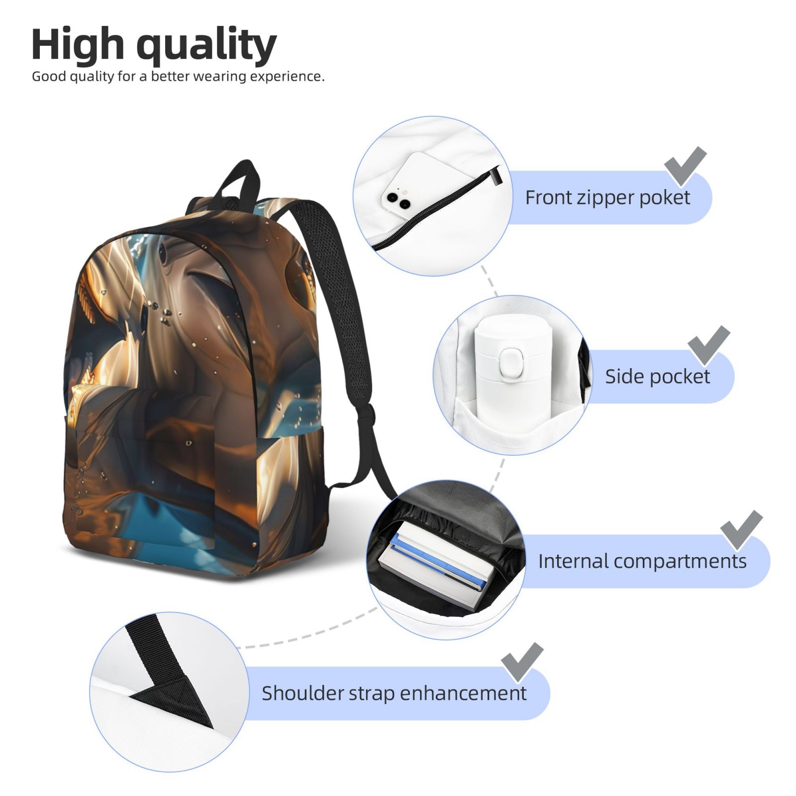 Rateoe Playful Dolphins Underwater Pattern Canvas College Laptop Backpack,Travel Daypack,Durable Rucksack Travel Notebook Bag School Backpack Book Bag for Men Women-Medium