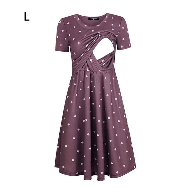 Qarigey Vestido de mujer Vestido de mamá de punto de manga corta de tela de alimentación de enfermería Prendas para la parte del cuerpo Fucsia L