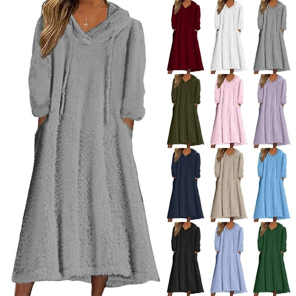 Women's Casual Round Neck Long Sleeve Pullover Loose Wool Hooded Dress for Winter Comfort and Everyday Wear,Army Green,L