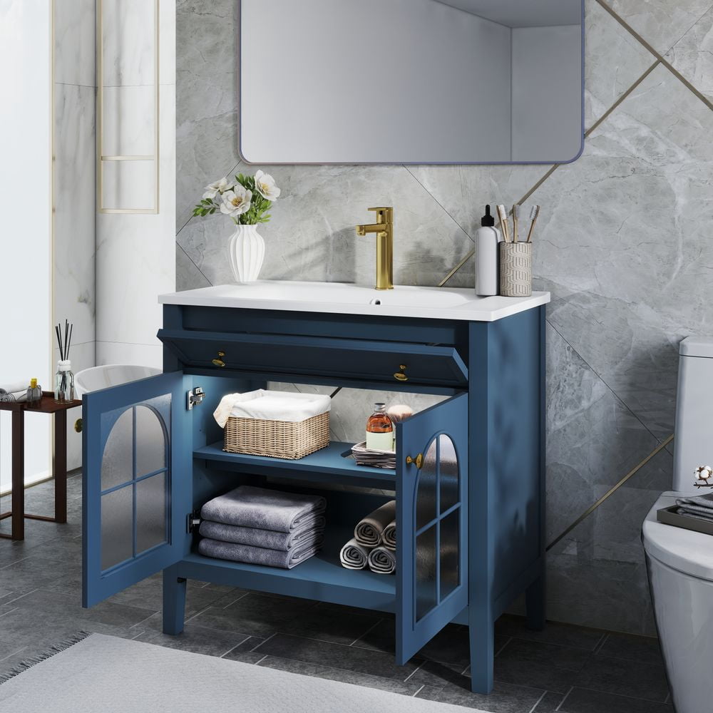 WGYPRIME 35.6" Mid-Century Bathroom Vanity with Sink, Farmhouse Bathroom Storage Cabinet with Glass Doors & Motion-sensor Light Strip, Freestanding Single Sink Bathroom Vanity Combo