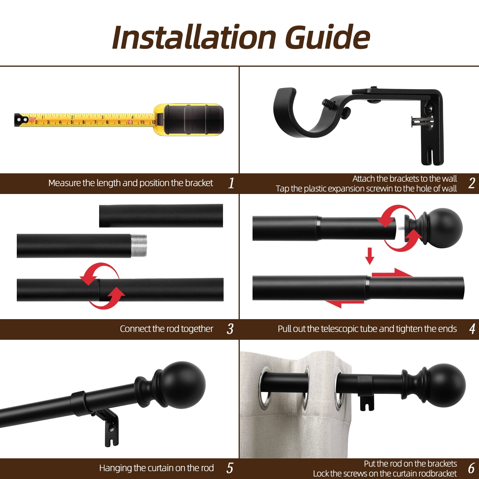 1" Adjustable Curtain Rod, 32"-120" Heavy Duty Black Curtain Rod with Classic Ball Finials,Ceiling Mounted Indoor/Outdoor Curtain Rods