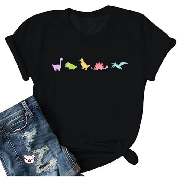 Bibifish Women's T-Shirt Cute Dinosaur Print Loose Crew Neck T-Shirt Soft Stretch Graphic Print Summer Short Sleeve Shirt