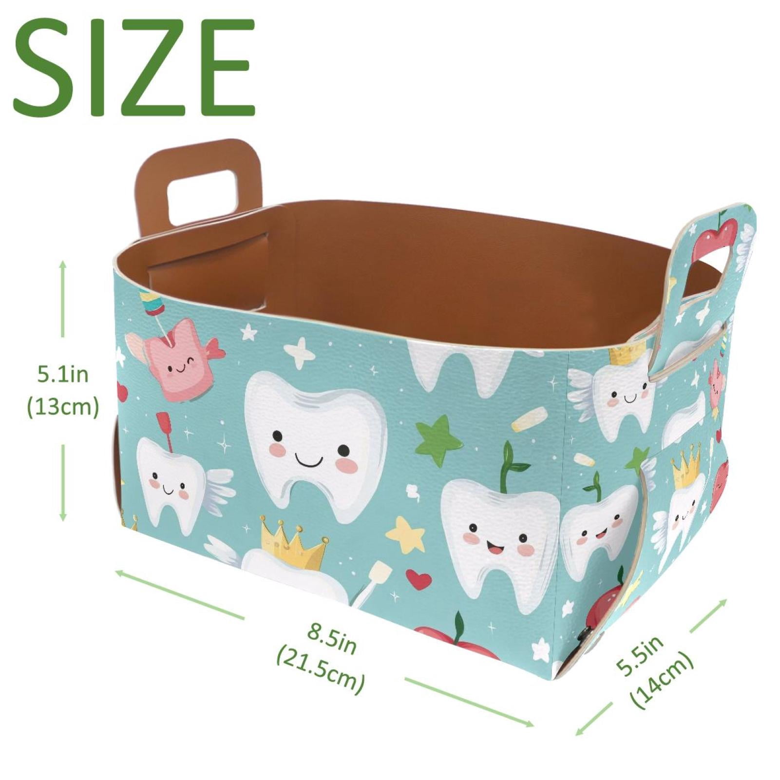 Cartoon Tooth Fruits Storage Basket Collapsible Storage Bin, PU Foldable Basket Convenient Box Storage Organizer with Handles for Shelves Office Bedroom Closet Nursery Toys Laundry