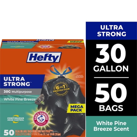 Hefty Ultra Strong 30 Gallon Trash Bags, Black Large Trash Bags, White Pine Breeze Scent, 50 Bags