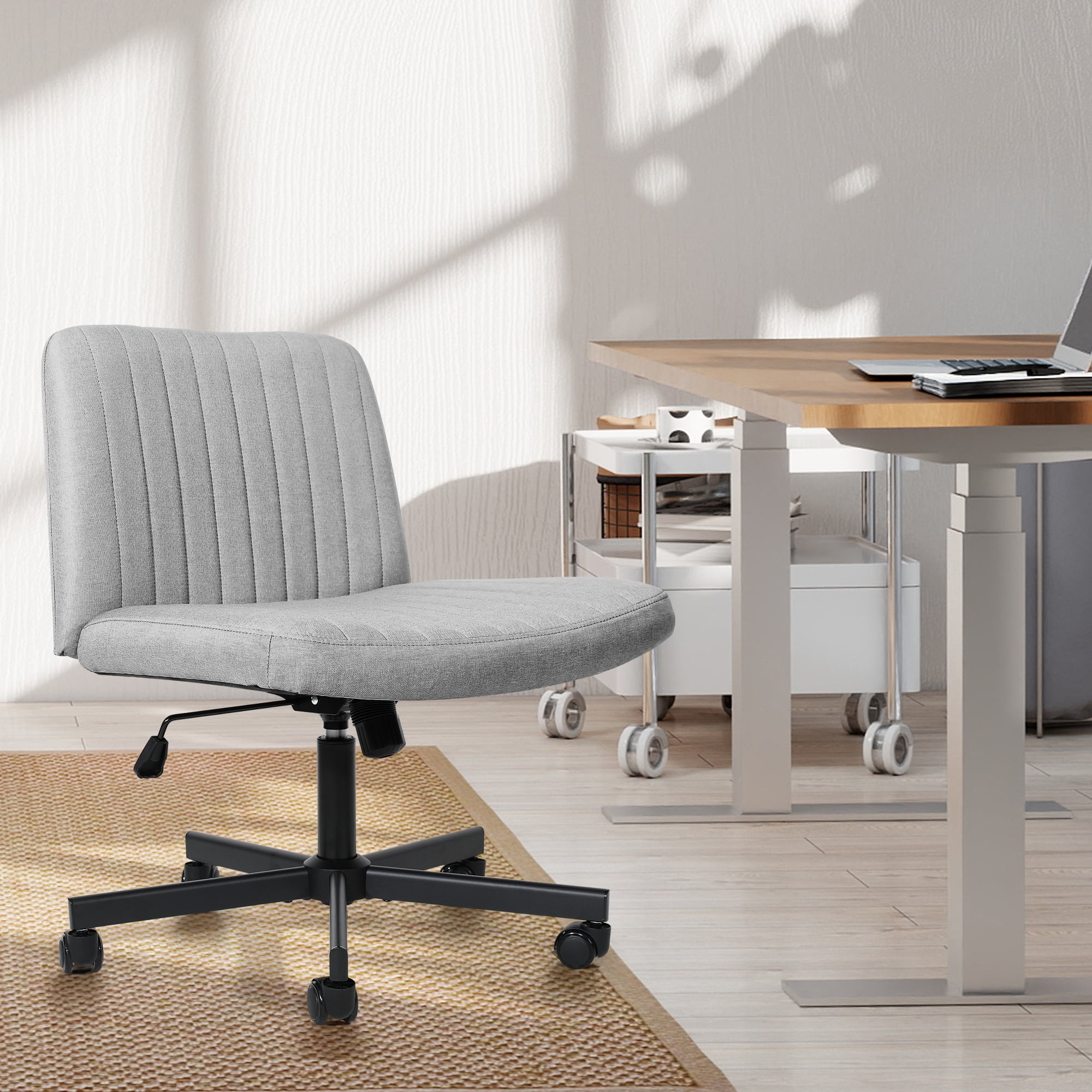 TUAREX Criss Cross Rolling Chair, Wide Seat Armless Office Chair with Wheels, Plus Size Comfort for Desk, Vanity or Bedroom, Grey
