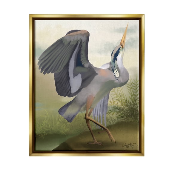 Stupell Industries Crane Dance Landscape Animals & Insects Painting Gold Floater Framed Canvas Art Print Wall Art, 17 x 21