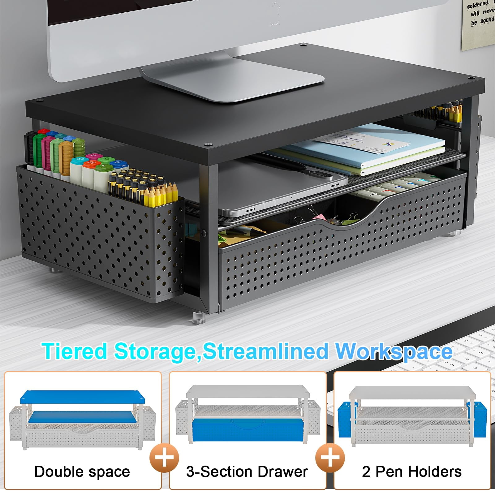 Wood Monitor Stand Riser  Office Desk Shelf Organizer With Drawer And Pen Holder 2-tier Computer Organization (ink)