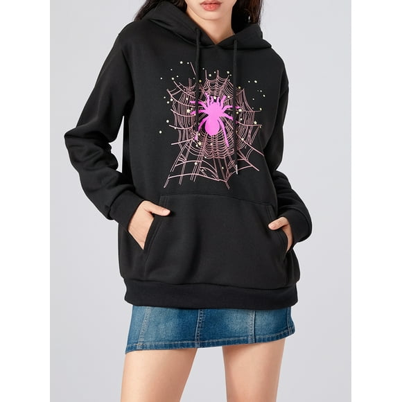 AIGUR Women Halloween Hoodie, Long Sleeve Hooded Cobweb Spider Print Sweatshirt Pullover Fall Tops with Pocket