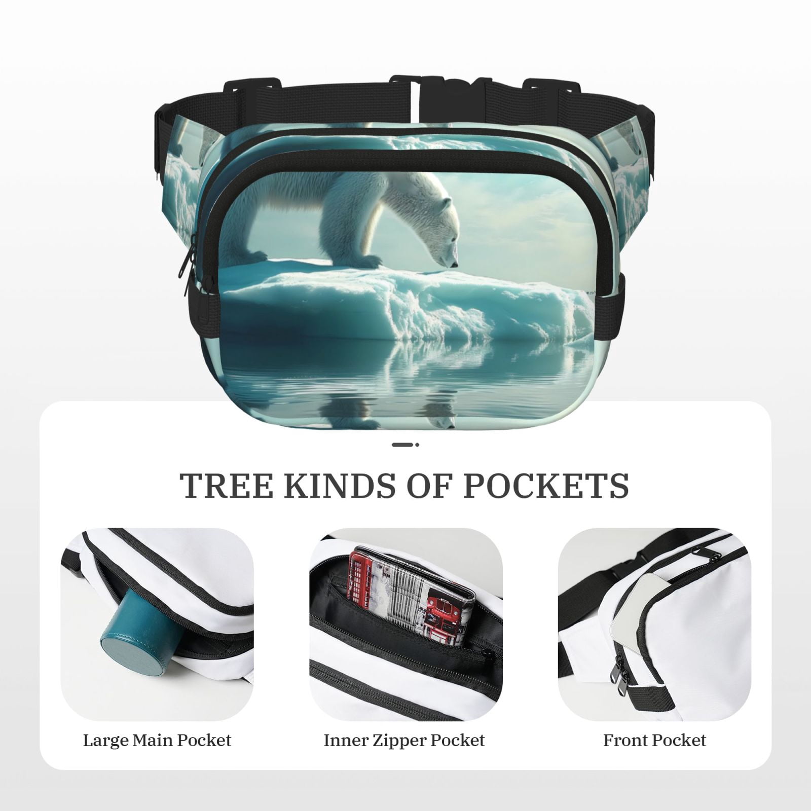 Picia Polar Bear On Iceberg Print Square Double-Layer Waist Bag Mini Adjustable Waist Belt Bag Exercise Running Travel Hiking