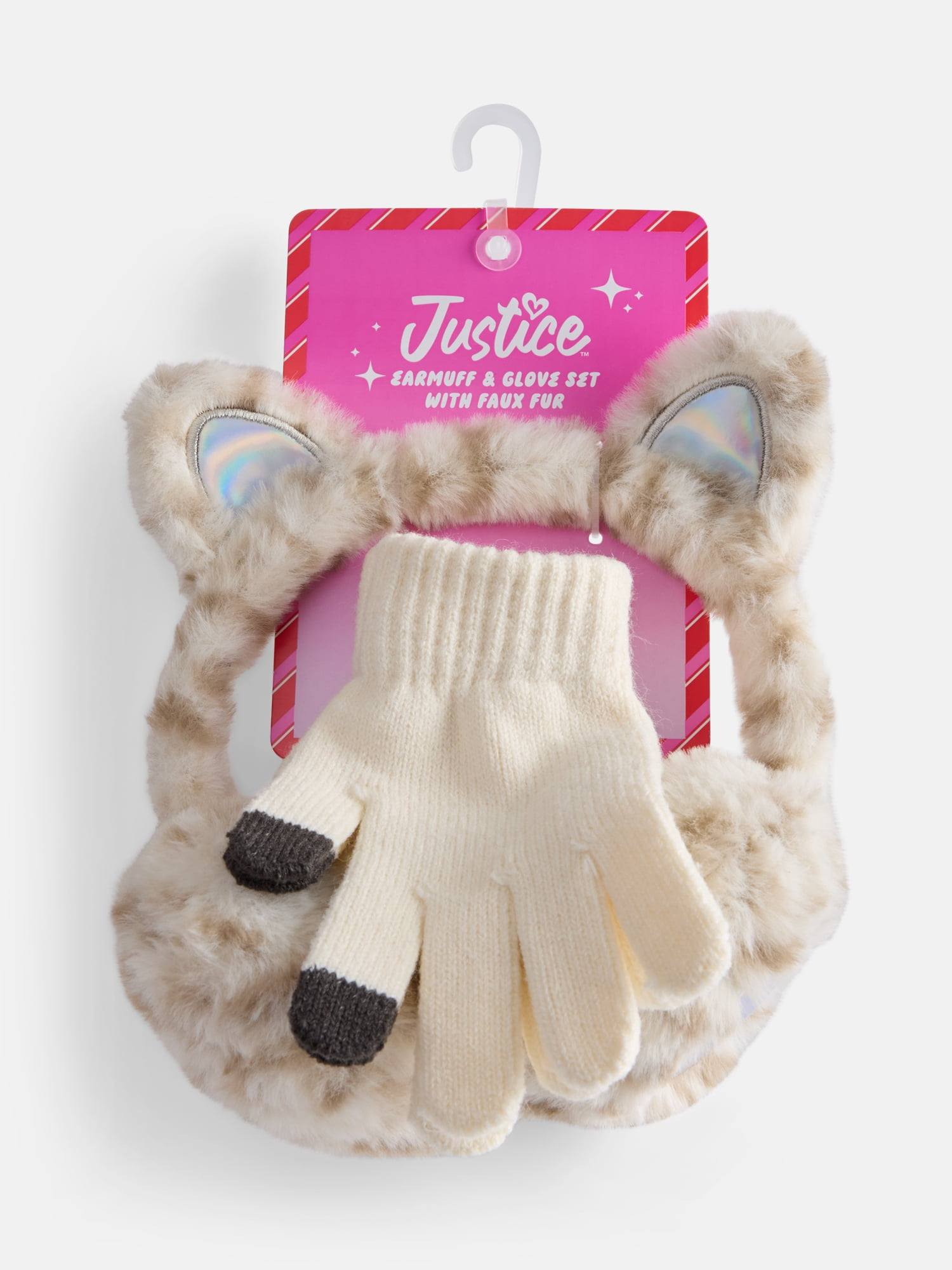 Justice Girls Cheetah Faux Fur Earmuff and Glove Set, Ivory