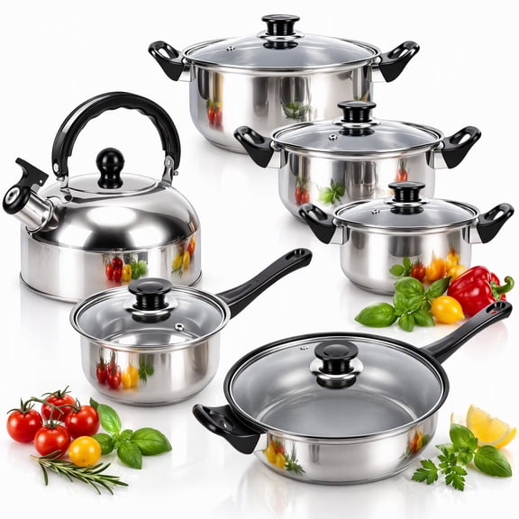 12 Piece Non-Stick Cookware Set, Easy Clean Stainless Steel Non Stick Pots and Pans with Tea Kettle, Black Handle