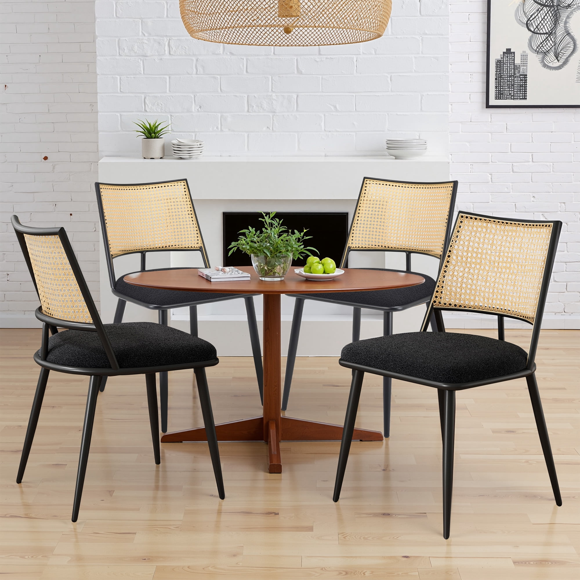 MAYEERTY Black Dining Chairs Set of 2, Rattan Backrest, Metal Frame, Boucle Upholstery for Living Room